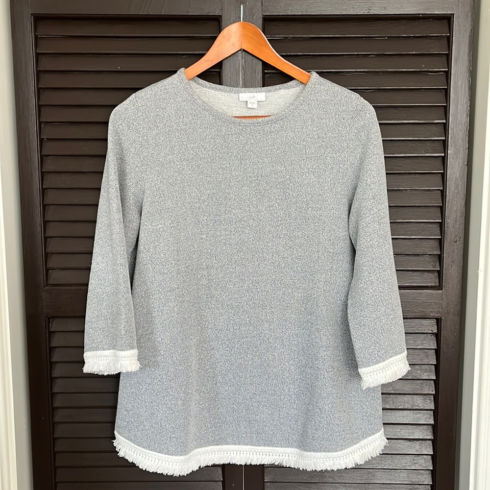 J. Jill sweater size M (I’d say 8-10ish).  Blue-grey color.